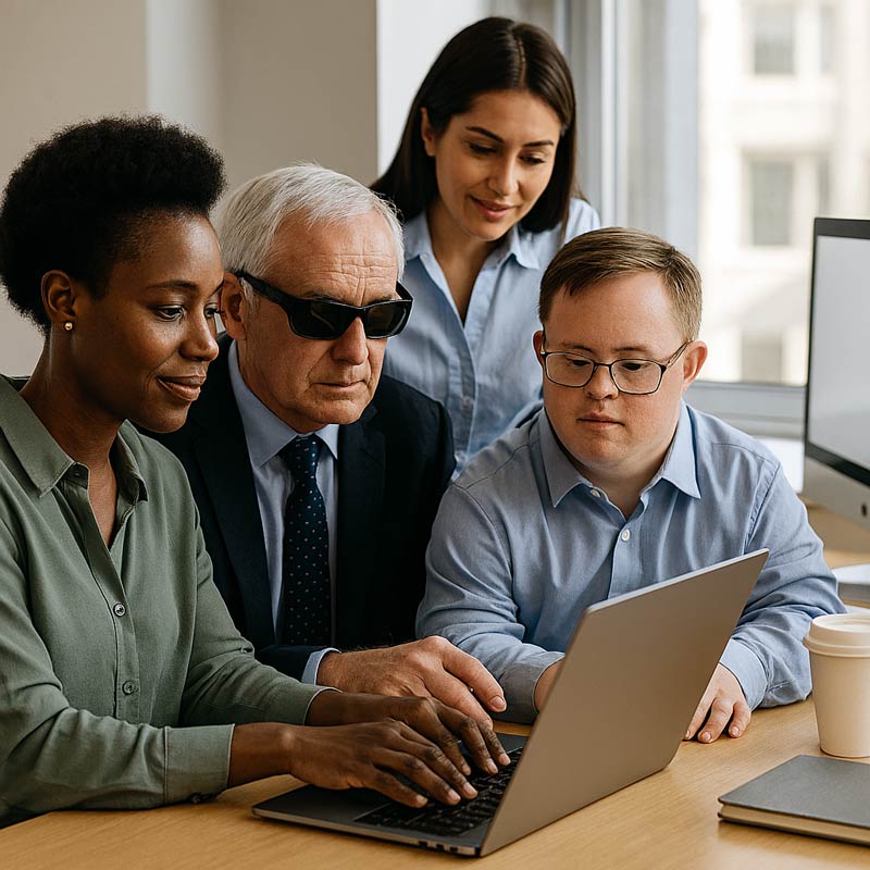 Diverse group of people at a laptop, black woman, hispanic woman, older white blind man, and a young white man with Downes syndrome