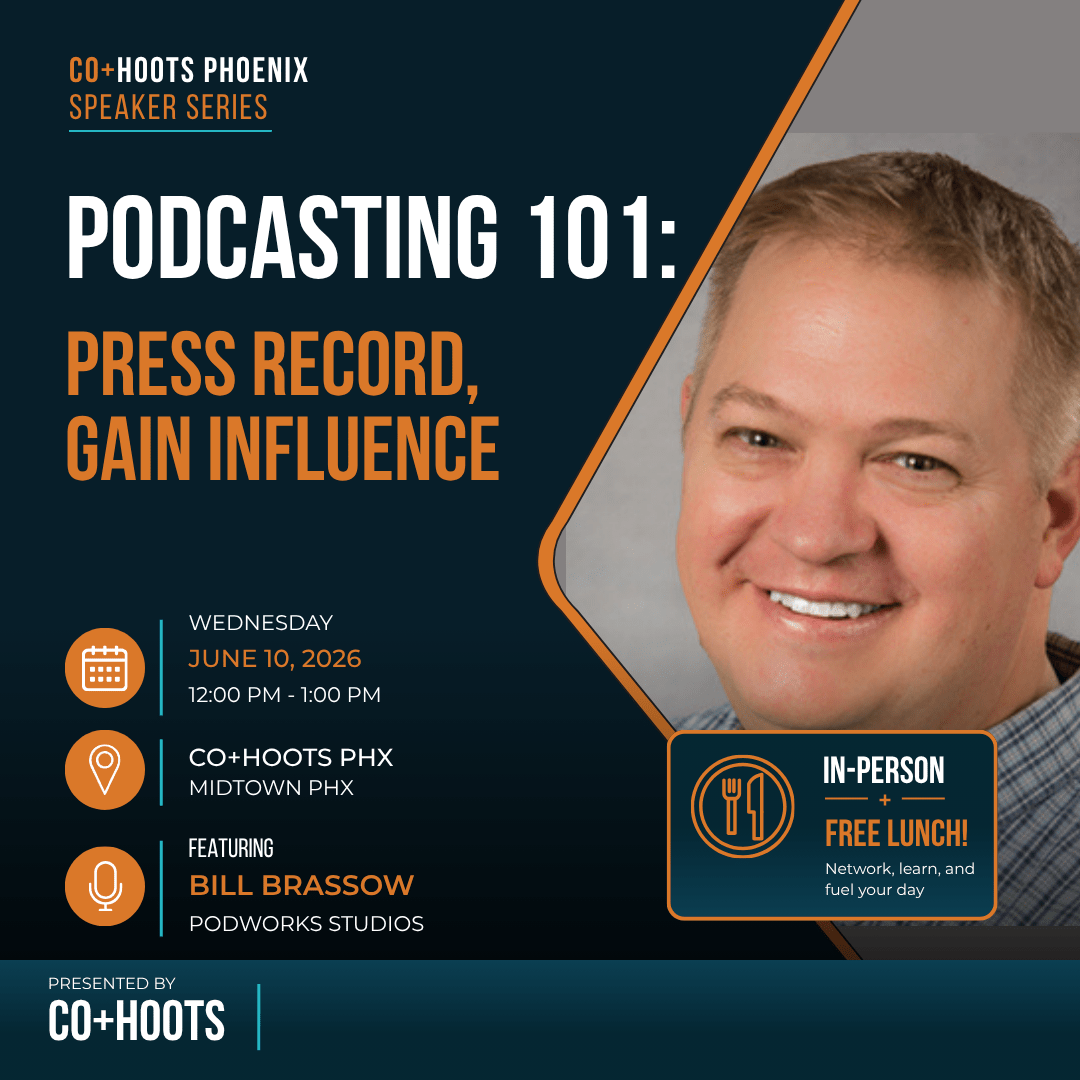Podcasting 101 speaker series graphic featuring Bill Brassow of Podworks Studios