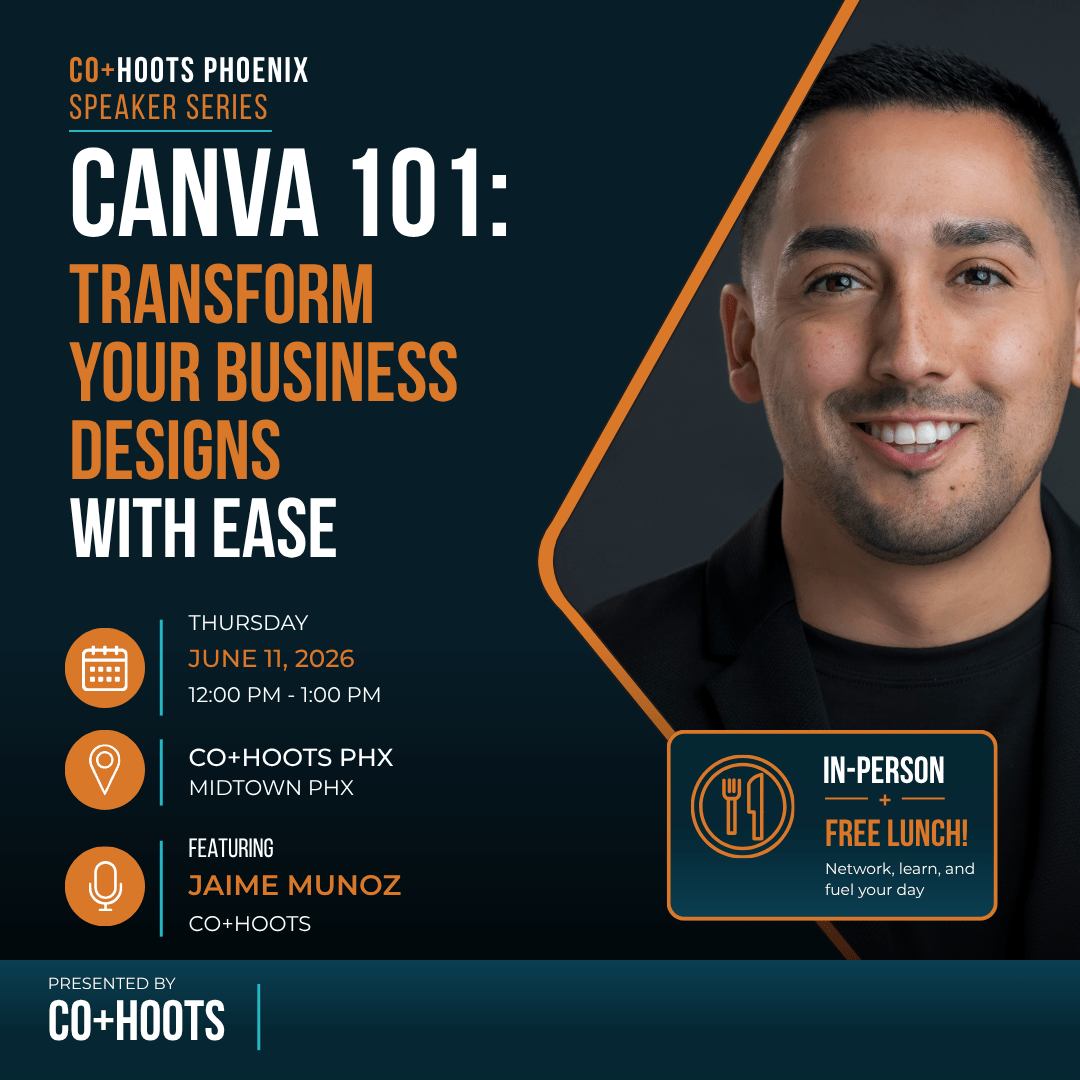 Promotional graphic for CO+HOOTS Phoenix Speaker Series event 