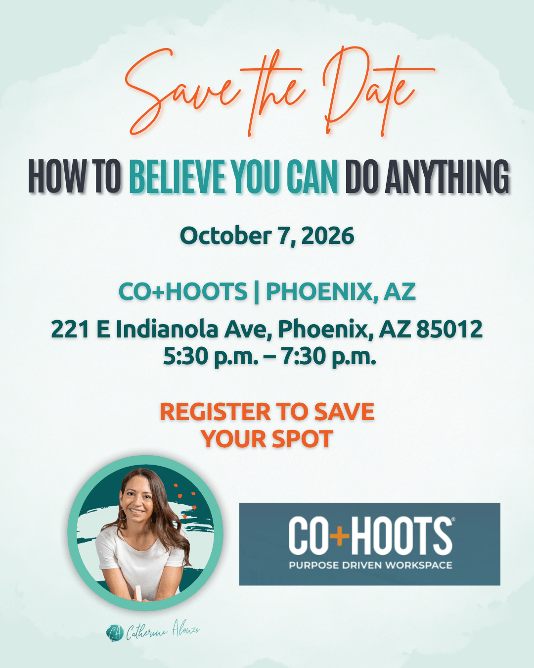 Catherine Alonzo speaking at a self-belief workshop at CO+HOOTS Phoenix